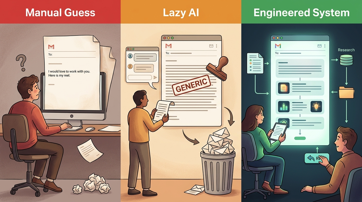Three approaches to outreach: manual guessing, lazy AI, and an engineered system